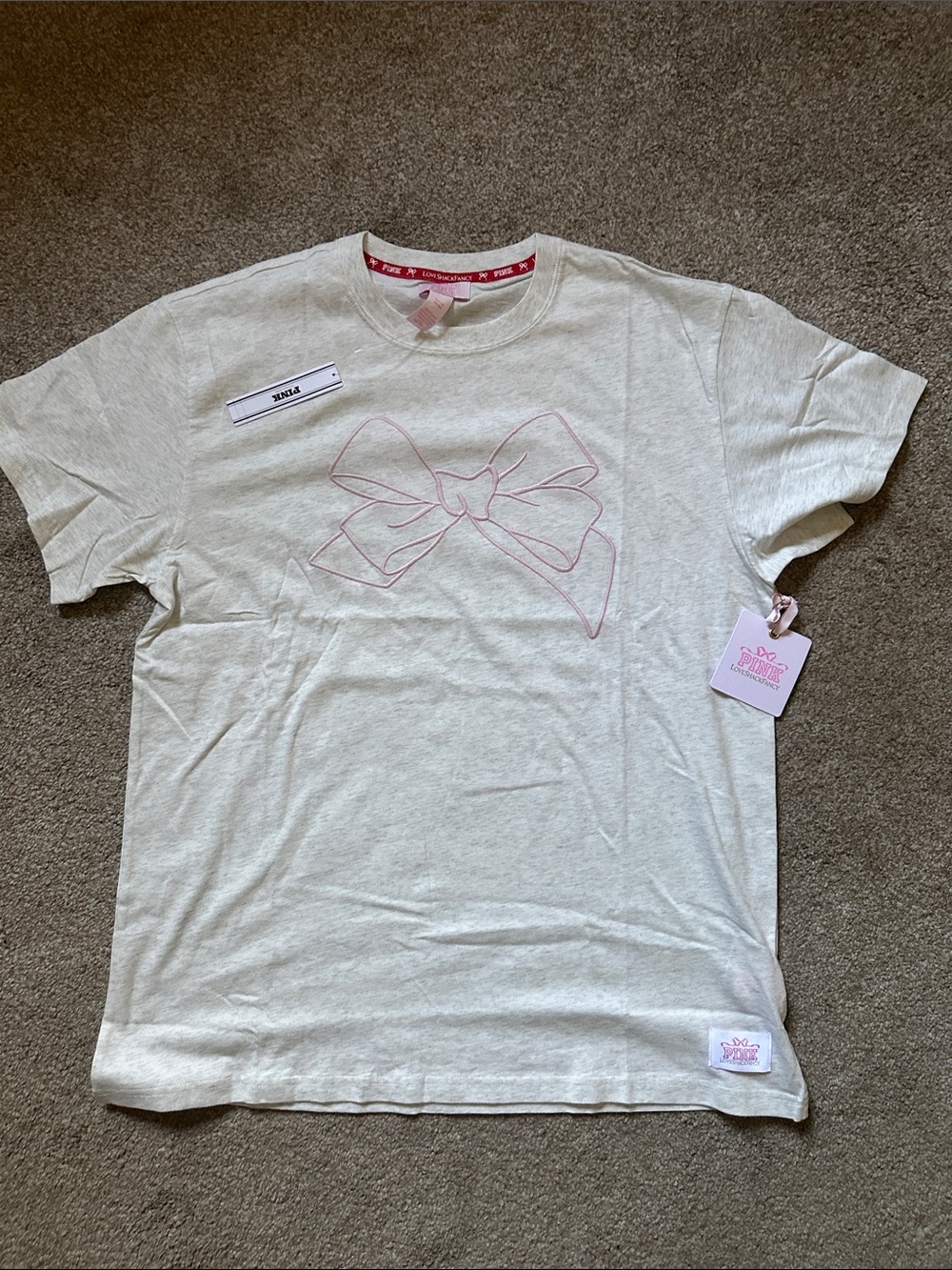 NWT LoveShackFancy x PINK  Heather Cream Tee with Pink Logo Bow